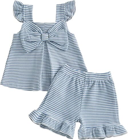 Toddler Baby Girl Summer Outfit Cute Bow Flutter Sleeve Ruffle Tops Dress Shorts Outfits Set 6M-4T in Kuwait