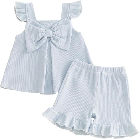 Toddler Baby Girl Summer Outfit Cute Bow Flutter Sleeve Ruffle Tops Dress Shorts Outfits Set 6M-4T in Saudi Arabia