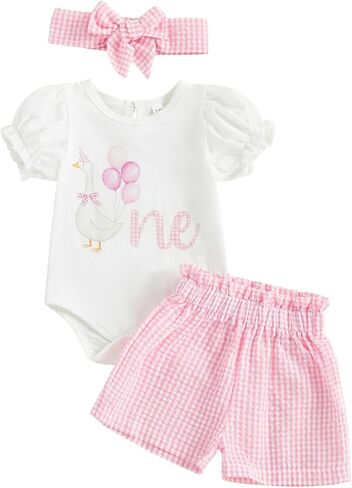 Baby Girl Birthday Outfit One Silly Goose Strawberry Romper Puff Short Sleeve Onesie Plaid Shorts Set 3Pcs Clothes in Kuwait