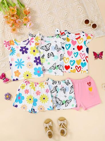 Baby Girls' 6 Piece Summer Outfit – Toddler Ruffle Tops & Shorts Set (Floral, Butterfly, Heart Prints) for 6M–3Y in Saudi Arabia