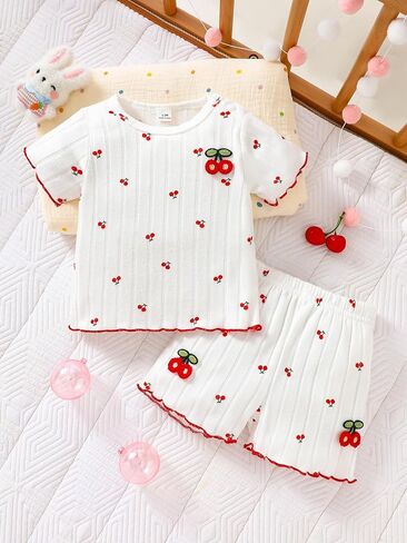 Baby Girl 2PCS Cherry Print Ribbed Short Sleeve Top and Shorts Set in Saudi Arabia