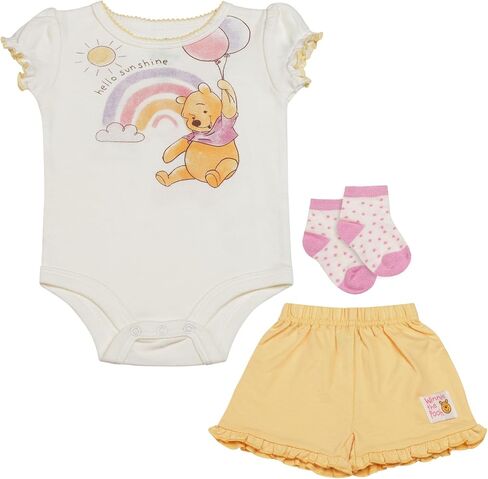 Disney Baby Girls 3-Piece Short Set – Bodysuit, Shorts & Socks – Minnie Mouse, Pooh, Stitch & 101 Dalmatians – (0-9M) in Saudi Arabia