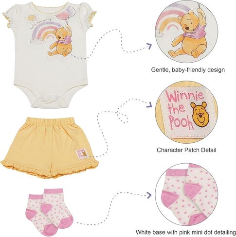 Disney Baby Girls 3-Piece Short Set – Bodysuit, Shorts & Socks – Minnie Mouse, Pooh, Stitch & 101 Dalmatians – (0-9M) in Saudi Arabia
