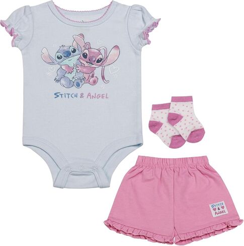 Disney Baby Girls 3-Piece Short Set – Bodysuit, Shorts & Socks – Minnie Mouse, Pooh, Stitch & 101 Dalmatians – (0-9M) in Saudi Arabia