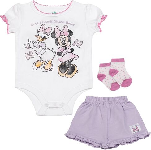 Disney Baby Girls 3-Piece Short Set – Bodysuit, Shorts & Socks – Minnie Mouse, Pooh, Stitch & 101 Dalmatians – (0-9M) in Saudi Arabia