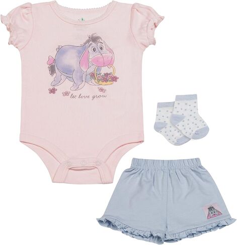 Disney Baby Girls 3-Piece Short Set – Bodysuit, Shorts & Socks – Minnie Mouse, Pooh, Stitch & 101 Dalmatians – (0-9M) in Saudi Arabia