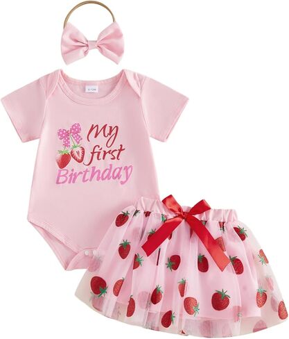 Sweet One Strawberry Baby Girl 1st Birthday Outfit Summer Berry Short Sleeve T-Shirt Tulle Dress Skirt Set in Kuwait