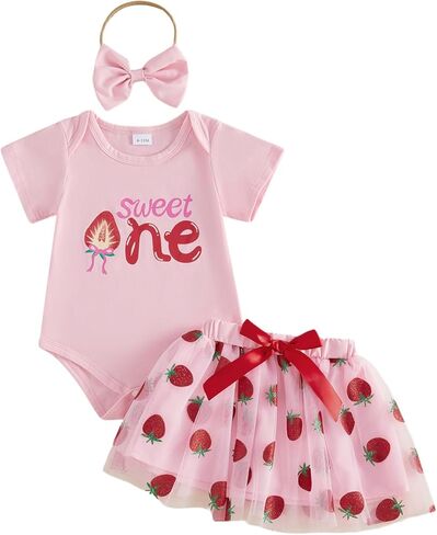 Sweet One Strawberry Baby Girl 1st Birthday Outfit Summer Berry Short Sleeve T-Shirt Tulle Dress Skirt Set in Saudi Arabia