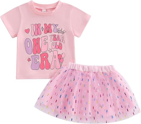 VISGOGO Baby Girl First Birthday Outfit In My One Year Old Era Top Short Sleeve 1st Birthday Shirt + Tulle Tutu Skirt Set in Kuwait