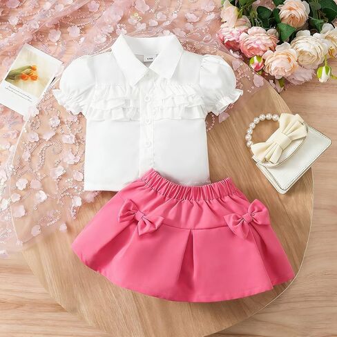 Baby Girls' 2 Piece Outfit Toddler White Ruffle Puff Sleeve Shirt + Hot Pink Bow Skirt Set, Summer Casual Princess Clothes in Kuwait