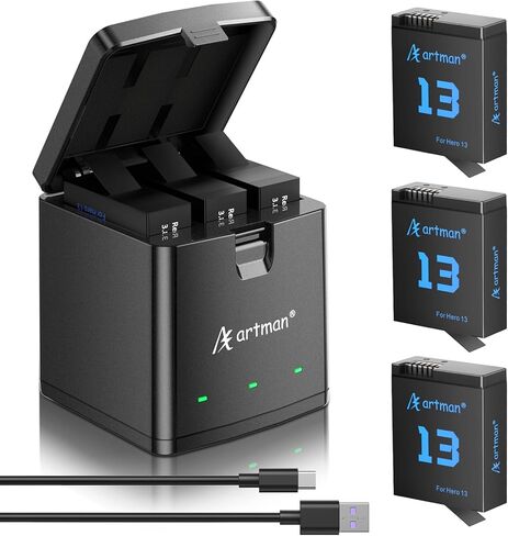 A Artman Hero 13 Battery 2100mAh for Hero13 Black, and 3-Channel LED USB Charger Fully Compatible with GoPro Hero 13 Battery and Charger (3-Pack) in Kuwait