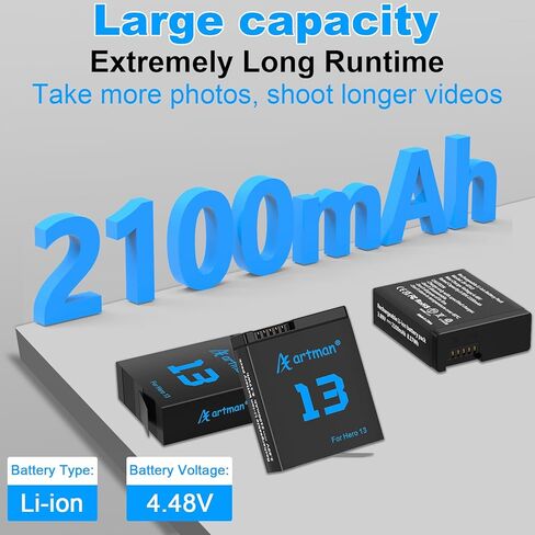 A Artman Hero 13 Battery 2100mAh for Hero13 Black, and 3-Channel LED USB Charger Fully Compatible with GoPro Hero 13 Battery and Charger (3-Pack) in Kuwait