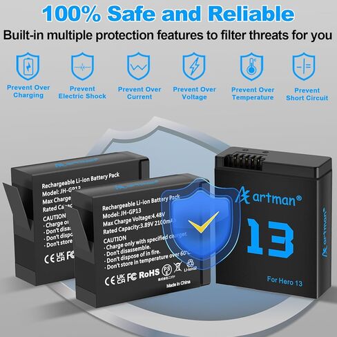 A Artman Hero 13 Battery 2100mAh for Hero13 Black, and 3-Channel LED USB Charger Fully Compatible with GoPro Hero 13 Battery and Charger (3-Pack) in Kuwait
