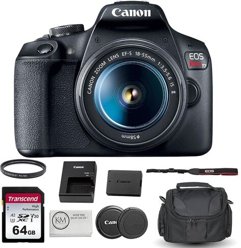 كاميرا Canon EOS Rebel T7 DSLR مع عدسة مقاس 18-55 مم مزودة ببطاقة ذاكرة سعة 64 جيجابايت + حقيبة كاميرا + فلتر للأشعة فوق البنفسجية مقاس 58 مم + قطعة قماش للتنظيف من الألياف الدقيقة (5 عناصر) (متجددة) in Kuwait