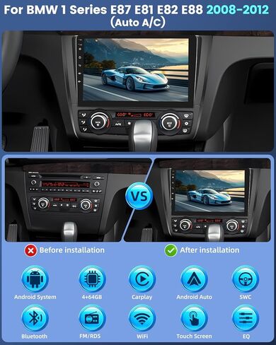 ستيريو سيارة EKAT 8 Core Android 15 لسيارة BMW 1 Series E87 E81 E82 E88 2008-2012 (Auto A/C) - 4G+64G Wireless Carplay & Android Auto - راديو بشاشة تعمل باللمس 9 بوصة مع واي فاي 5 جيجا هرتز، GPS، DSP، SWC in Kuwait
