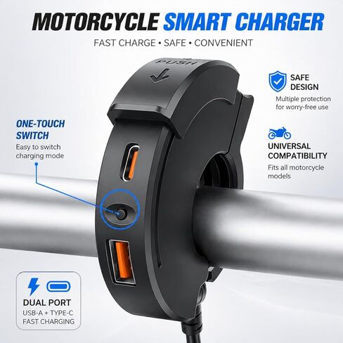 شاحن USB للدراجات النارية، 30 وات PD + 18 وات QC3.0، منفذ مزدوج مقاوم للماء رفيع للغاية من النوع C وشاحن USB-A سريع، محول SAE إلى USB للهاتف/الكمبيوتر اللوحي/نظام تحديد المواقع العالمي (GPS)، متوافق مع الدراجات النارية 12 فولت-24 فولت، والمركبات الرباعية، in Kuwait