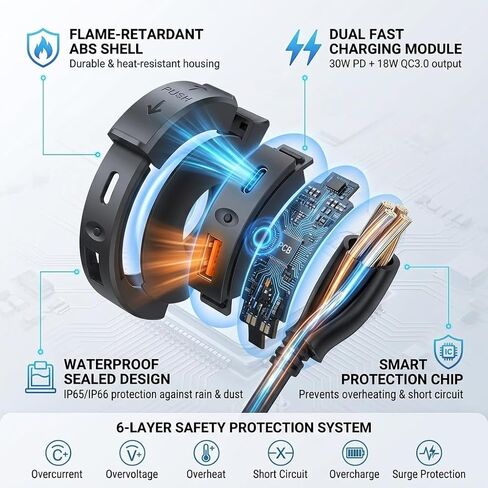 شاحن USB للدراجات النارية، 30 وات PD + 18 وات QC3.0، منفذ مزدوج مقاوم للماء رفيع للغاية من النوع C وشاحن USB-A سريع، محول SAE إلى USB للهاتف/الكمبيوتر اللوحي/نظام تحديد المواقع العالمي (GPS)، متوافق مع الدراجات النارية 12 فولت-24 فولت، والمركبات الرباعية، in Kuwait