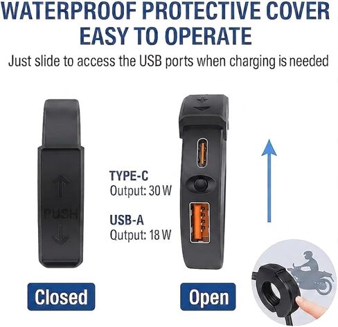 شاحن USB للدراجات النارية، 30 وات PD + 18 وات QC3.0، منفذ مزدوج مقاوم للماء رفيع للغاية من النوع C وشاحن USB-A سريع، محول SAE إلى USB للهاتف/الكمبيوتر اللوحي/نظام تحديد المواقع العالمي (GPS)، متوافق مع الدراجات النارية 12 فولت-24 فولت، والمركبات الرباعية، in Kuwait