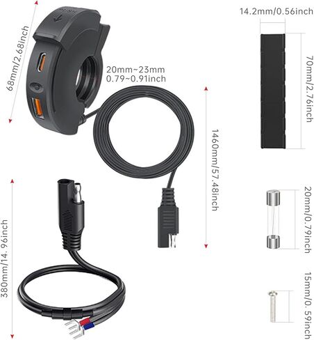 شاحن USB للدراجات النارية، 30 وات PD + 18 وات QC3.0، منفذ مزدوج مقاوم للماء رفيع للغاية من النوع C وشاحن USB-A سريع، محول SAE إلى USB للهاتف/الكمبيوتر اللوحي/نظام تحديد المواقع العالمي (GPS)، متوافق مع الدراجات النارية 12 فولت-24 فولت، والمركبات الرباعية، in Kuwait