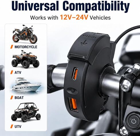 شاحن USB للدراجات النارية، 30 وات PD + 18 وات QC3.0، منفذ مزدوج مقاوم للماء رفيع للغاية من النوع C وشاحن USB-A سريع، محول SAE إلى USB للهاتف/الكمبيوتر اللوحي/نظام تحديد المواقع العالمي (GPS)، متوافق مع الدراجات النارية 12 فولت-24 فولت، والمركبات الرباعية، in Kuwait