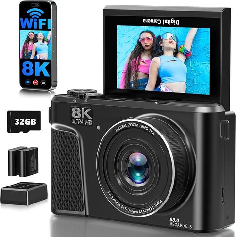 كاميرا رقمية 8K للتصوير الفوتوغرافي، كاميرا تسجيل فيديو بتركيز تلقائي بدقة 88 ميجابكسل لليوتيوب، تكبير 18X، كاميرا سفر بشاشة قابلة للطي 180 درجة مع بطاريتين ومساحة تخزين 32 جيجابايت، جونميتال in Kuwait