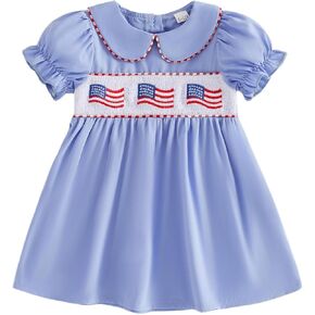 Afunbaby Toddler Girl 4th of July Outfit Ruffle Sleeve Crewneck American Flag/USA Embroidery A Line Dress Cute Summer Clothes in Kuwait