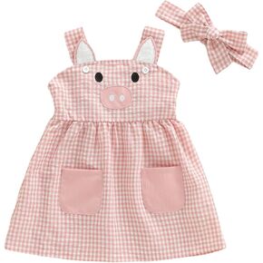 Toddler Baby Girl Pig Dress Farm Animal Clothes Piggy Embroidery Sleeveless A Line Plaid Summer Dress Headband in Saudi Arabia