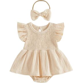 Baby Girl Clothes Smocked Romper Dress Flutter Sleeve Jumpsuit with Headband Cute Newborn Girls Summer Outfit in Kuwait
