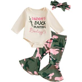 Baby Girl Hunting Clothes Duck Hunting Bodysuit Camo Flared Pants Headband Cute 3Pcs Newborn Going Home Outfit Fall in Kuwait