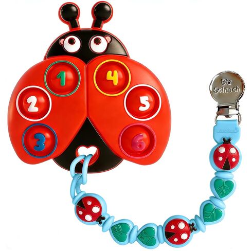 BIGSPINACH Teething Toy & Pacifier Clip Set,Ladybug Pop-It Teether & Pacifier Hold,Multi-Textured Chew Toy with Number Buttons for Early Learning, Baby Teething Relief (Red+Blue) in Saudi Arabia