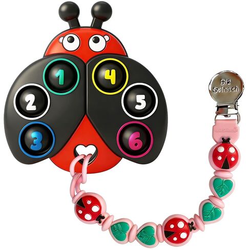 BIGSPINACH Teething Toy & Pacifier Clip Set,Ladybug Pop-It Teether & Pacifier Hold,Multi-Textured Chew Toy with Number Buttons for Early Learning, Baby Teething Relief (Red+Blue) in Saudi Arabia