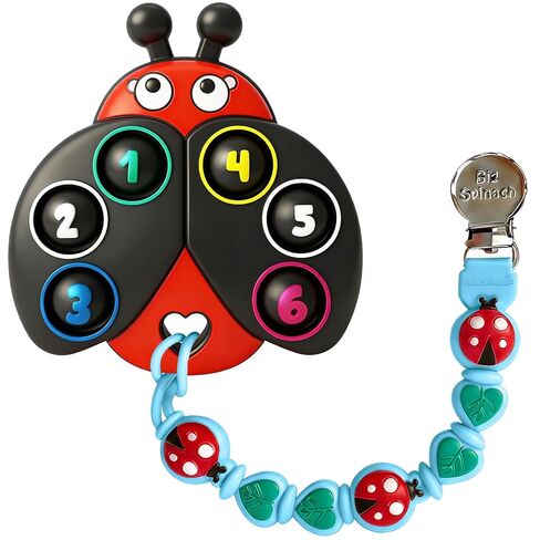BIGSPINACH Teething Toy & Pacifier Clip Set,Ladybug Pop-It Teether & Pacifier Hold,Multi-Textured Chew Toy with Number Buttons for Early Learning, Baby Teething Relief (Red+Blue) in Saudi Arabia