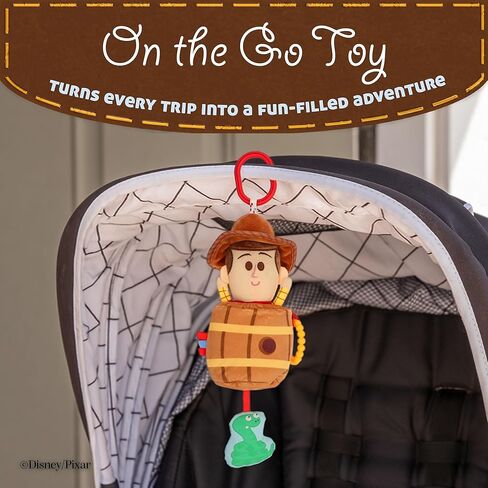 Disney Toy Story Woody in a Barrel Activity Toy with Pull Down Mechanism, Teether, Rattle, Crinkle Snake, and On the Go Clip for Babies in Kuwait