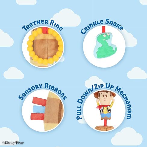 Disney Toy Story Woody in a Barrel Activity Toy with Pull Down Mechanism, Teether, Rattle, Crinkle Snake, and On the Go Clip for Babies in Kuwait
