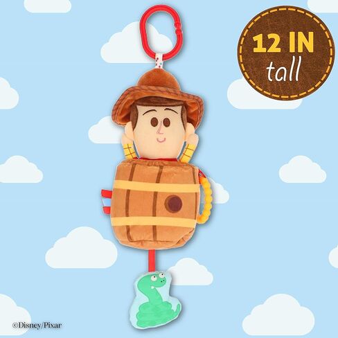 Disney Toy Story Woody in a Barrel Activity Toy with Pull Down Mechanism, Teether, Rattle, Crinkle Snake, and On the Go Clip for Babies in Kuwait