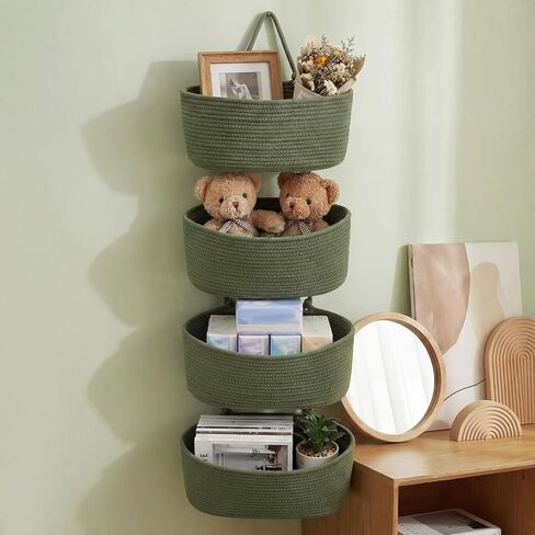 Mifoci 4 Tier Sage Green Over the Door Hanging Basket, 51" Cotton Rope Organizer with Hooks, Boho Wall Mounted Storage Organizer with Hooks for Bedroom Nursery Bathroom Apartments Dorm Pantry Decor in Kuwait