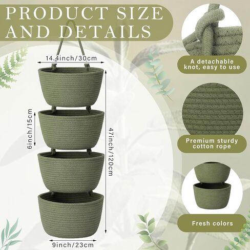 Mifoci 4 Tier Sage Green Over the Door Hanging Basket, 51" Cotton Rope Organizer with Hooks, Boho Wall Mounted Storage Organizer with Hooks for Bedroom Nursery Bathroom Apartments Dorm Pantry Decor in Kuwait
