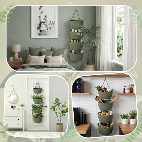 Mifoci 4 Tier Sage Green Over the Door Hanging Basket, 51" Cotton Rope Organizer with Hooks, Boho Wall Mounted Storage Organizer with Hooks for Bedroom Nursery Bathroom Apartments Dorm Pantry Decor in Kuwait