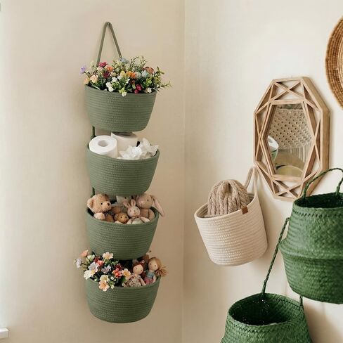 Mifoci 4 Tier Sage Green Over the Door Hanging Basket, 51" Cotton Rope Organizer with Hooks, Boho Wall Mounted Storage Organizer with Hooks for Bedroom Nursery Bathroom Apartments Dorm Pantry Decor in Kuwait
