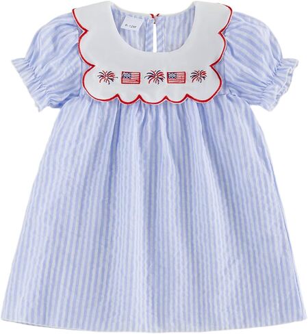 Afunbaby Toddler Girl 4th of July Outfit Ruffle Sleeve Crewneck American Flag/USA Embroidery A Line Dress Cute Summer Clothes in Saudi Arabia