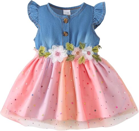 Kucnuzki Toddler Baby Girl Dress Denim Fairy Dress Summer Casual Tutu Dresses Ruffle Floral Sundress Cute Kids Clothes in Saudi Arabia