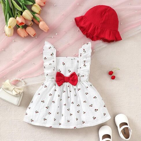 Baby Girls Cherry Print Ruffle Dress & Hat Set White Red Outfit for 6M-3Y Toddlers in Kuwait