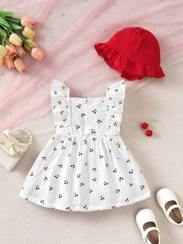 Baby Girls Cherry Print Ruffle Dress & Hat Set White Red Outfit for 6M-3Y Toddlers in Kuwait