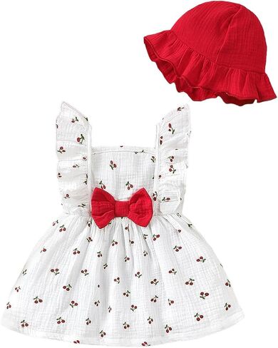 Baby Girls Cherry Print Ruffle Dress & Hat Set White Red Outfit for 6M-3Y Toddlers in Kuwait