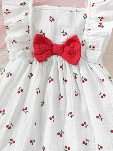 Baby Girls Cherry Print Ruffle Dress & Hat Set White Red Outfit for 6M-3Y Toddlers in Kuwait