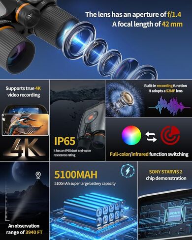 مناظير للرؤية الليلية بدقة 4K UHD مع التحكم الذكي في التطبيقات، نظارات رؤية ليلية مع نطاق عرض 3940 قدمًا، صورة ملونة كاملة بدقة 52 ميجابكسل، بطاقة 64 جيجابايت للتخييم/الأمن، أسود in Kuwait