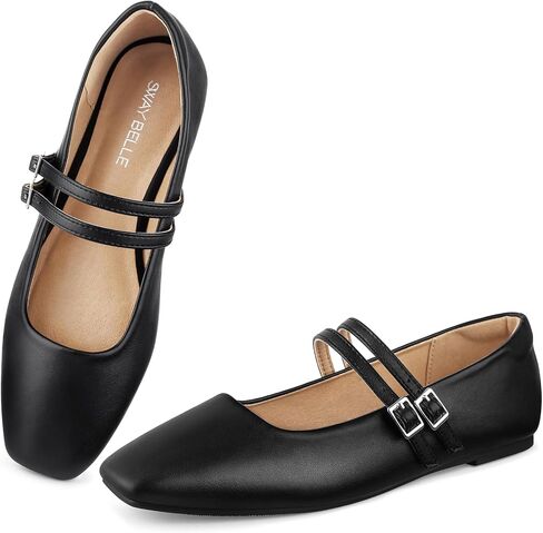 Womens Mary Jane Flats Adjustable Buckle Double Straps Ballet Flats Square Closed Toe Slip On Casual Shoe in Saudi Arabia