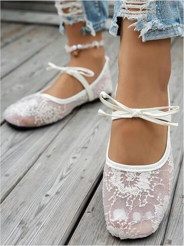 GORGLITTER Women's Floral Ballet Flats Embroidered Mesh Ballerina Shoes Bow Closed Toe Dress Shoes in Saudi Arabia