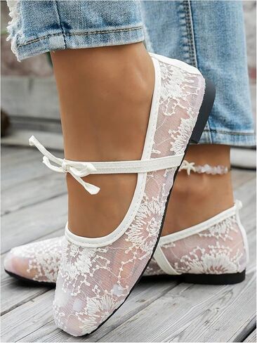 GORGLITTER Women's Floral Ballet Flats Embroidered Mesh Ballerina Shoes Bow Closed Toe Dress Shoes in Saudi Arabia