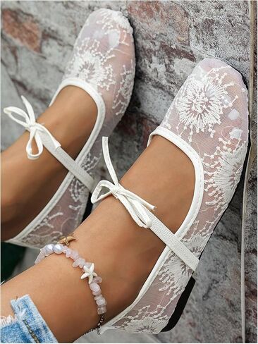 GORGLITTER Women's Floral Ballet Flats Embroidered Mesh Ballerina Shoes Bow Closed Toe Dress Shoes in Saudi Arabia